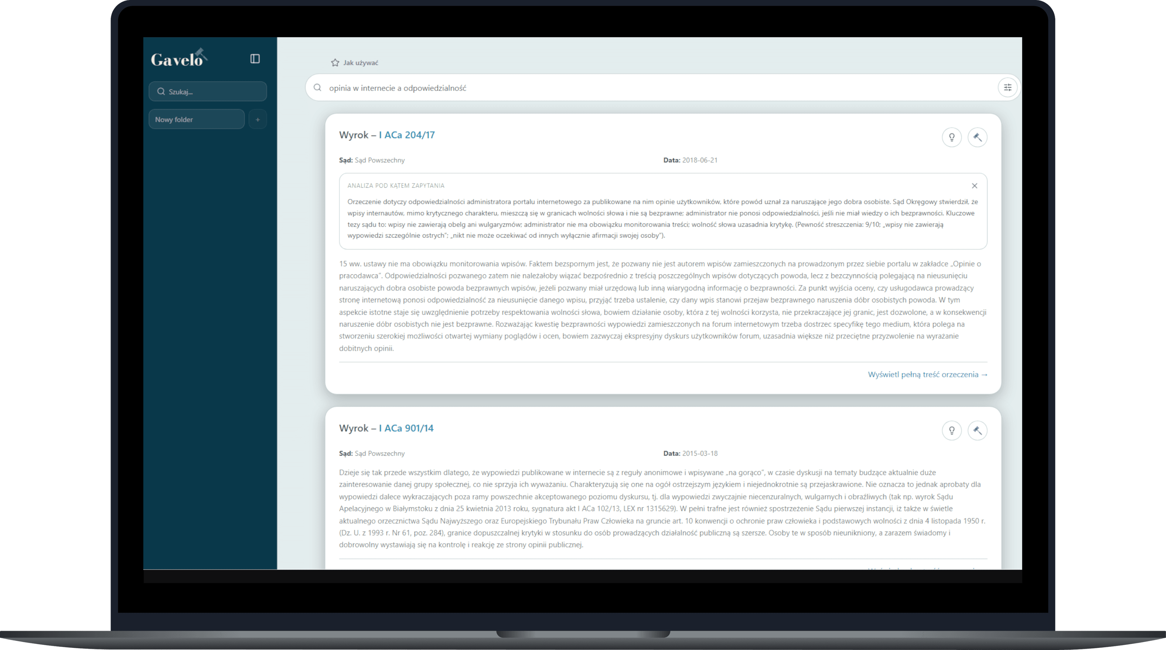 Interfejs aplikacji Gavelo – inteligentna wyszukiwarka orzeczeń